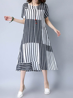 Striped Print Short Sleeve O Neck Pocket Style Women Dresses