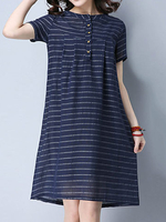 Striped Short Sleeve O Neck Button Decoration Women Dresses
