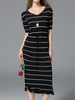 Striped Short Sleeve V Neck Side Slit Women Dresses