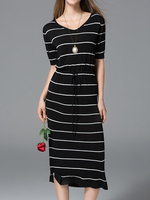 Striped Short Sleeve V Neck Side Slit Women Dresses