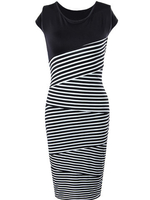 Stylish Striped Cap Sleeve O-Neck Slim Work Cocktail Pencil Dress
