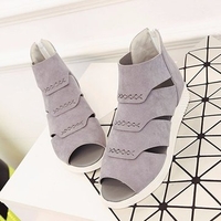 Suede Pu Hollow Out Peep Toe Pure Color Zipper Ankle Flat Sandals
