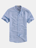 Summer Linen Short Sleeves Stand Collar Solid Color Dress Shirt for Men