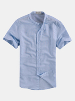 Summer Linen Short Sleeves Stand Collar Solid Color Dress Shirt for Men