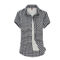 Summer Mens Casual Contrast Color Plaid Turndown Collar Short Sleeved Cotton Shirts