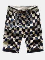 Summer Mens Fashion Contrast Colour Plaid Elastic waist Sports Cotton Shorts