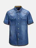 Summer Mens Loose Fit Denim Front Pockets Turndown Short Sleeve Casual Cotton Shirts