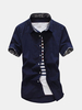 Summer Mens Solid Color Floral Printing Lined Turndown Collar Short Sleeved Cotton Shirts