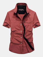 Summer Military Short Sleeves Pure Cotton Solid Color Loose Button Up Cargo Shirt for Men