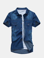 Summer Spring Mens Blue Denim Front Pockets Slim Fit Short sleeved Cotton Shirts