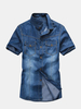 Summer Spring Mens Blue Denim Front Pockets Slim Fit Short sleeved Shirts