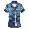 Summer Spring Mens Blue Denim Totem Pattern Slim Fit Thin Short sleeved Cotton Shirts