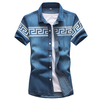 Summer Spring Mens Blue Denim Totem Pattern Slim Fit Thin Short sleeved Cotton Shirts