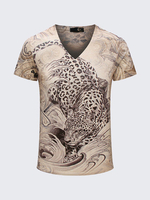 Summer Unique V Neck 3D Leopard Printing Short Sleeve T-shirt For Men