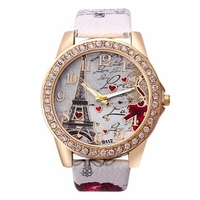 Sweet Luxury Watch Rhinestone Leather Eiffel Tower Heart Watch for Women Gift