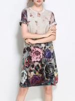 TangJie Casual Loose Floral Printed O-Neck Short Sleeve Women Dresses