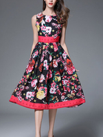 TangJie Floral Printed Belt Slim Sleeveless Women Dresses