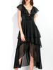 TangJie Sexy Deep Drawstring V-Neck Asymmetrical Solid Black Chiffon Dresses