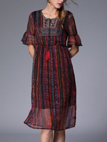 TangJie Vintage Loose Ruffled Sleeve Two Layer Women Printed Dresses