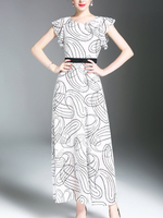 TangJie Women Brief Printed Slim O-Neck Maxi Dresses