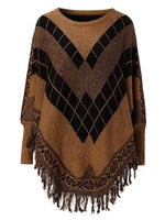 Tassel Irregular Hem Printed Batwing Knit Women Cape