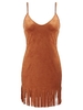 Tassels Strap Camel Deep V Neck Backless Camisole Mini Skater Suede Dress