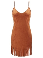Tassels Strap Camel Deep V Neck Backless Camisole Mini Skater Suede Dress