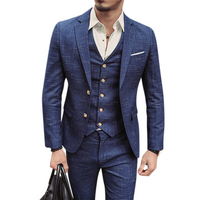 Three Pieces Blue Plaid Slim Fit Blazer Suit for Men