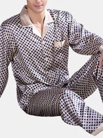 Tow Peices Spring Casual Thin Long Sleeve Home Imitation Silk Printing Sleepwear Sets for Men