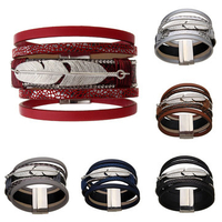 Unisex Bracelet Alloy Feather Leather Wide Multilayer Rhinestone Bracelet
