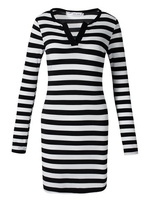 V-Neck Cross Striped Long Sleeve Bodycon Women Mini Dress