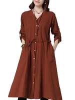 V Neck Single Breasted Vintage Elegant Long Sleeve Women Shirt Dress