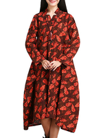 V Neck Single Button Irregular Leaf Women Ethnic Long Sleeve Dress