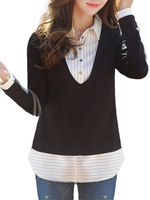 Velvet Thick Stripe Patchwork Long Sleeve Lapel Loose Women Blouse