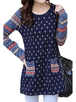 Velvet Thick Women Ethnic Print Patchwork Long Sleeve Blouse