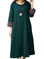 Vintag Women Patchwork 3/4 Sleeve Pocket Loose Dresses
