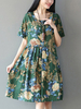 Vintage Floral Printed Short Sleeve High Waist Women Dresses