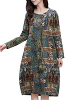 Vintage Abstract Print Long Sleeve Women Loose Dress