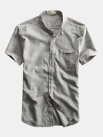 Vintage Casual Breathable Chest Pocket Linen Dress Shirts for Men