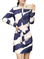 Vintage Chiffon Print Long Sleeve Lapel Belt Slim Dress