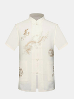 Vintage Chinese Dragon Totem Embroidery Short Sleeve Summer Loose Dress Shirts for Men