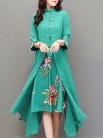 Vintage Chinese Style Flower Printed Two-Layer Women Dresses
