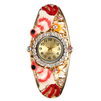 Vintage Cloisonne Watch Retro Bird Rhinestone Crystal Bracelet Watch