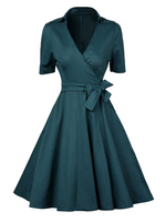 Vintage Cross Wrap Lapel Short Sleeve Dress For Women
