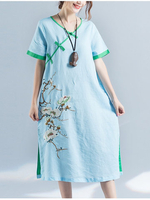 Vintage Elegant Embroidery Button Short Sleeve Dresses