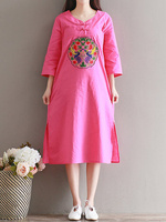 Vintage Embroidered 3/4 Sleeve Side Split Women Dresses