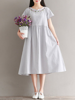 Vintage Embroidered Drawstring Short Sleeve Dresses