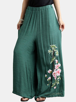 Vintage Embroidered Elastic Waist Wide Leg Pants For Women