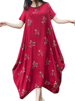 Vintage Embroidered Irregular Hem Loose Women Mid-Long Dresses