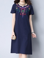 Vintage Embroidered Loose Short Sleeve O-neck Dress For Women